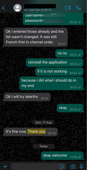 WhatsApp customer review recommending IPTV service